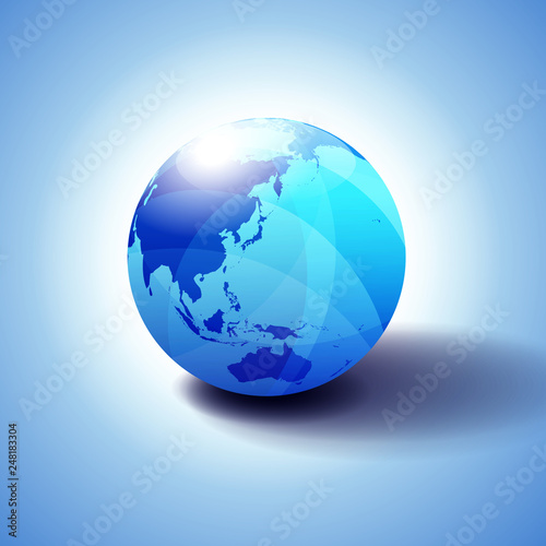 China, Japan, Malaysia, Thailand, Indonesia, Australia, Asia, Globe Icon 3D illustration, Glossy, Shiny Sphere with Global Map in Subtle Blues giving a transparent feel © Roy Fenton Wylam