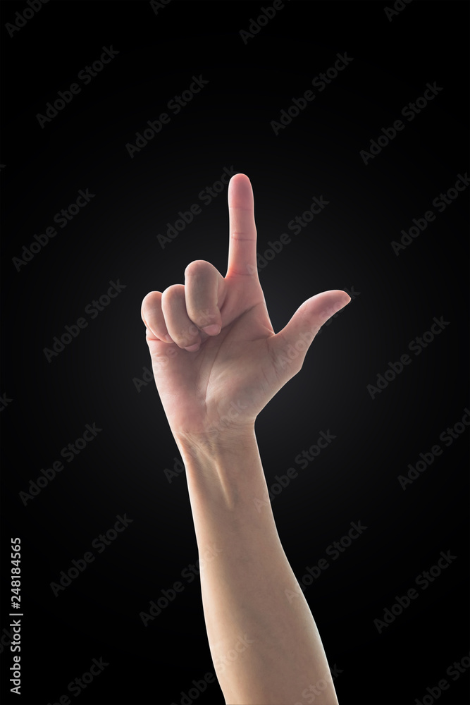 Woman's hand with index pointing finger with rim light isolated on black background (clipping path) Woman's hand with index pointing finger with rim light isolated on black background (clipping path)