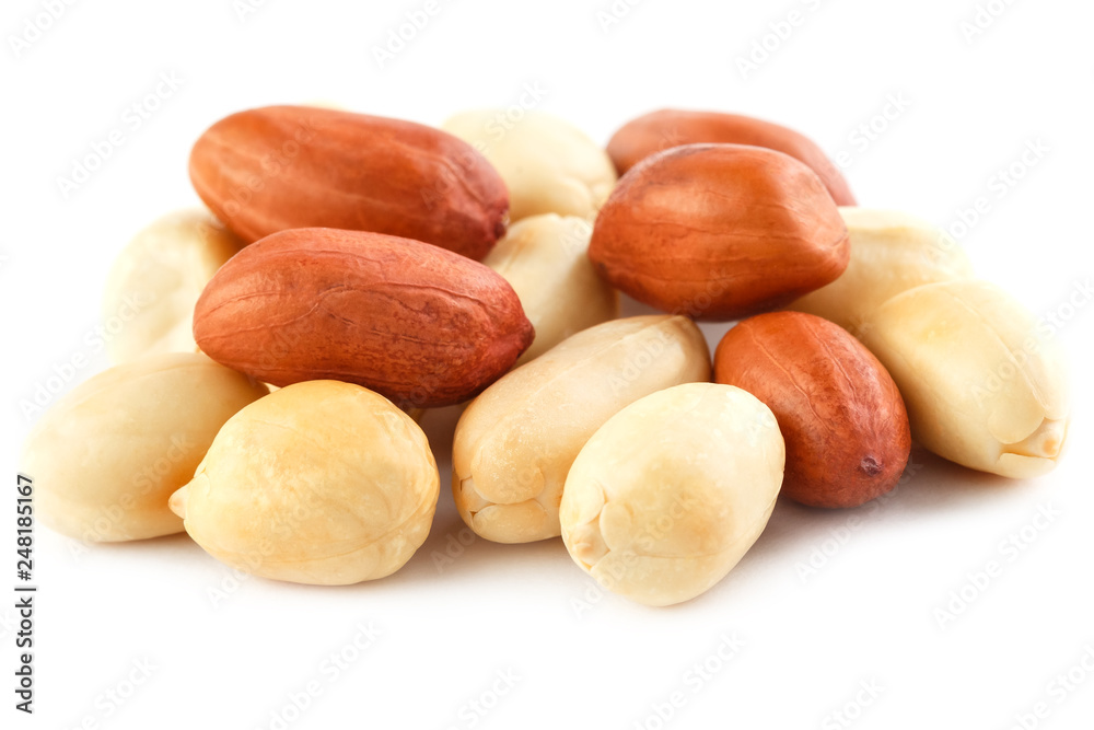 Peanuts isolated on white background. Peeled Peel and Scarlup. Peanuts isolated on white background. Peeled Peel and Scarlup.