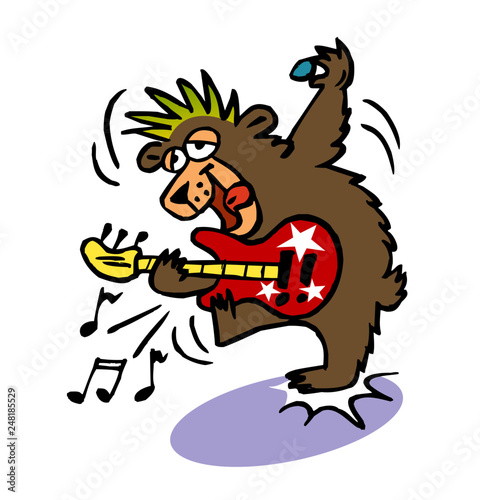 Punk Bear plays rock music on electric guitar, cartoon joke © Zdenk
