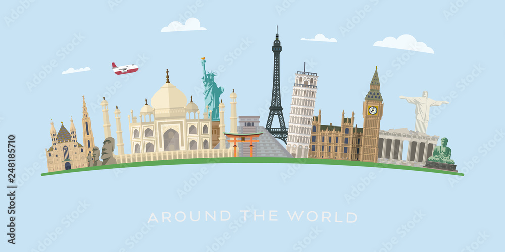 World travel with international landmarks vector banner