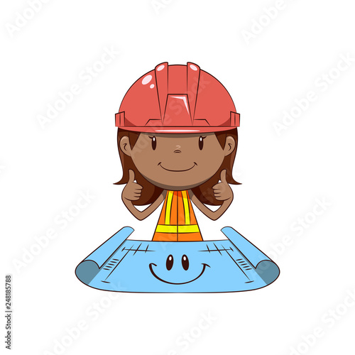 Architect, little girl thumbs up showing smiling blueprint 