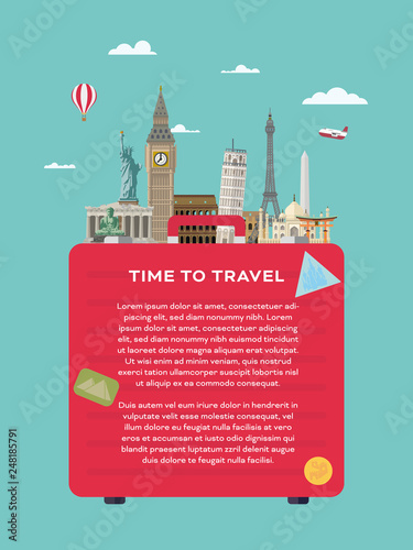 World travel vector layout template with international landmarks
