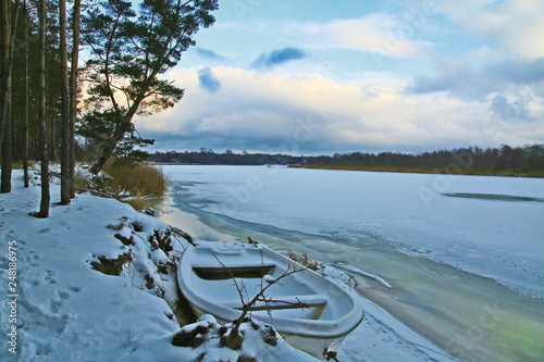 winter landscape with lake and trees in winter