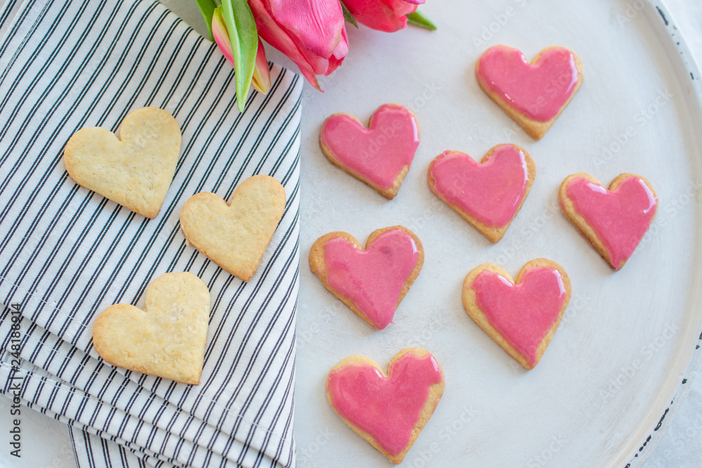 Heart shaped cookies with pink icing