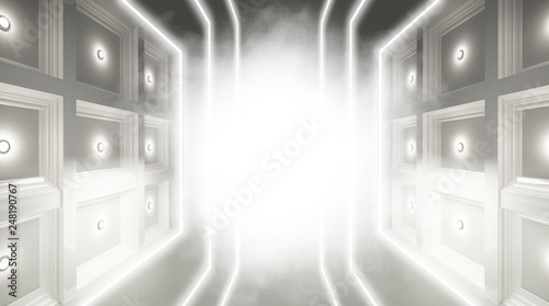 Abstract tunnel, abstract light, smoke. Abstract architectural background. 3D rendering.