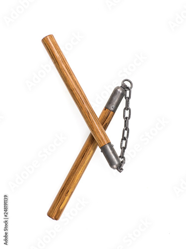 wooden nunchuck on white isolated background