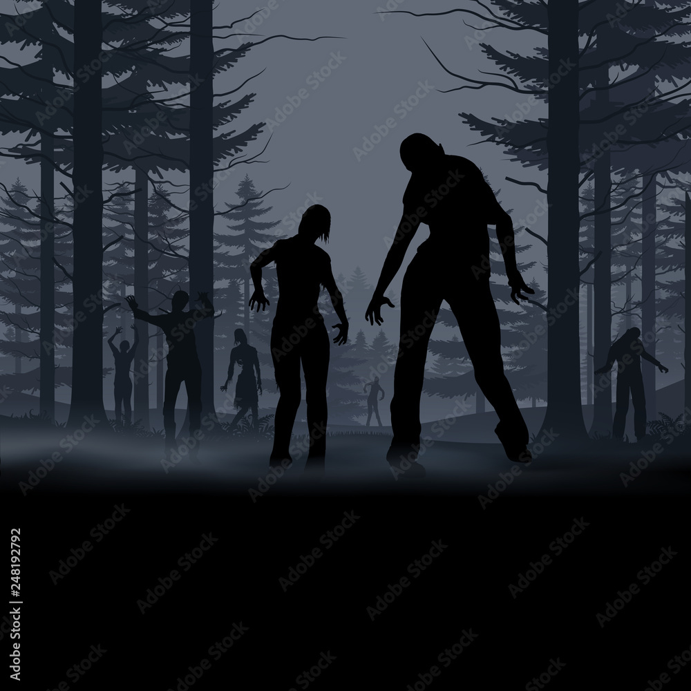 Zombie Walking out From Night Forest. Silhouettes Illustration for Halloween Creative Poster
