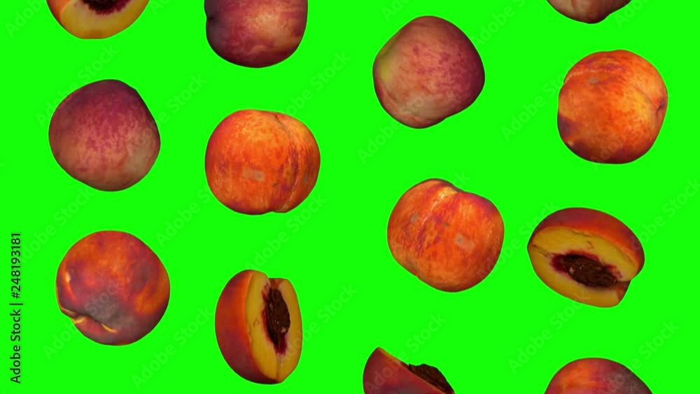 Realistic render of falling peaches on green background. The video is seamlessly looping, and the objects are 3D scanned from real peaches.