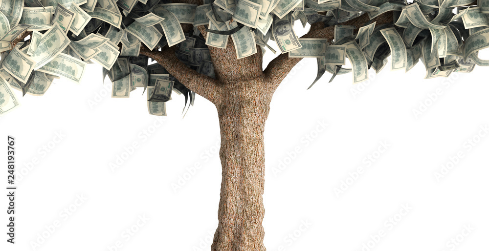 dollar tree with hundred dollar bills on white 3d illustration