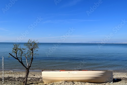 Fishing boat on beach next to small tree in Peraia  Thessaloniki Greece. 
