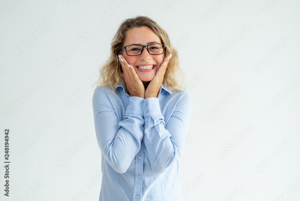 Happy office assistant delighted with great news Happy office assistant delighted with great news