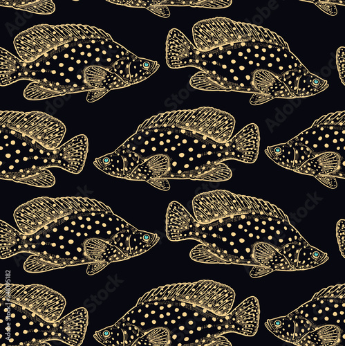 Sea bottom. Seamless vector pattern with fish. Black and gold