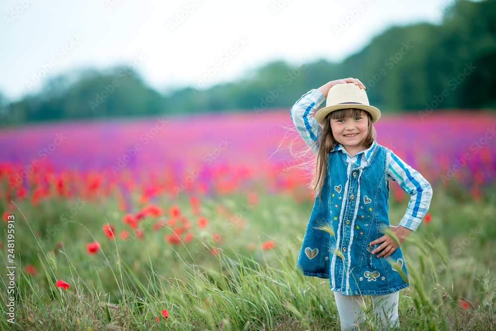 Beautiful girl in poppy wreath in the poppy field. series