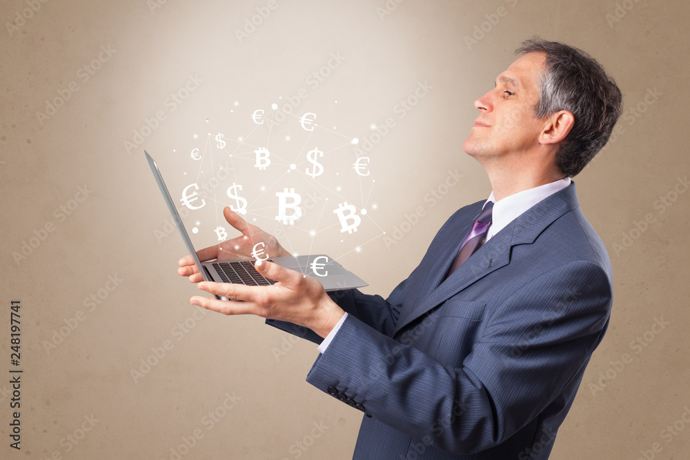 Man holding laptop with business communication concept
