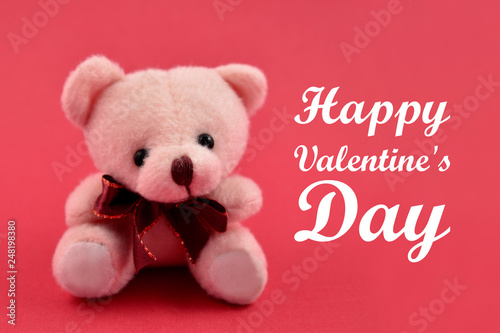 Happy Valentine Day Cute Teddy Bear illustration. Teddy bear toy stock images. Teddy bear on a pink background. White teddy bear with ribbon © betka82