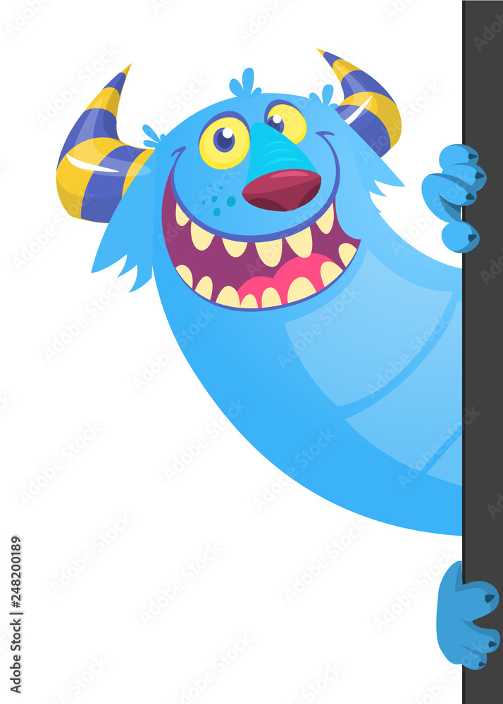 Fototapeta premium Cartoon funny monster holding empty placard, banner or paper sheet