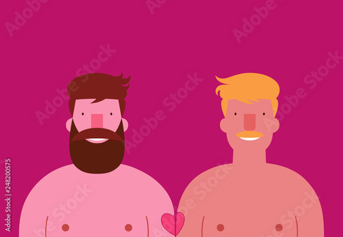 Happy young gay couple portrait cartoon with heart tattoo isolated on background with space for text 