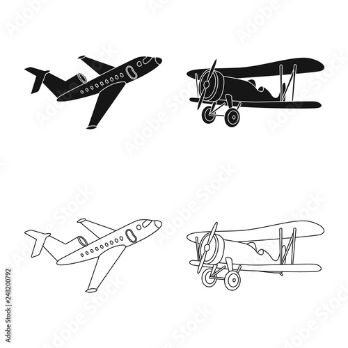 Vector illustration of plane and transport sign. Set of plane and sky stock vector illustration.