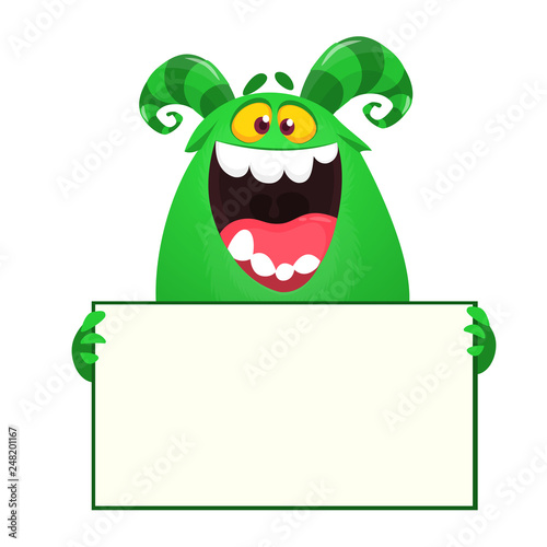 Catoon Monster character holds empty banner sign. Cartoon Halloween illustration