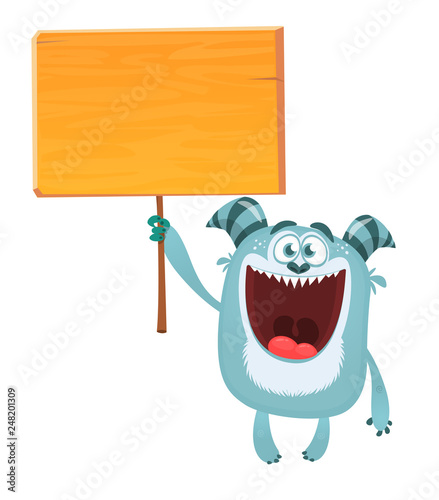 Cute cartoon yeti monster holding empty placard