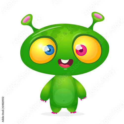 Green funny happy cartoon alien. Green vector alien character. Halloween design