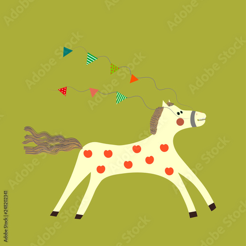 Сircus horse horse with holiday garland flags. Cute funny horse. Vector cartoon.