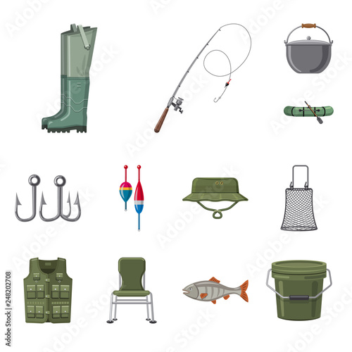 Vector design of fish and fishing logo. Collection of fish and equipment stock symbol for web.