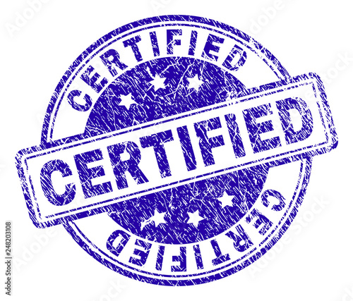 CERTIFIED stamp seal imprint with grunge texture. Designed with rounded rectangles and circles. Blue vector rubber print of CERTIFIED title with grunge texture.