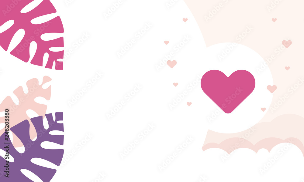 Happy Valentines Day. Holiday of love. Cute illustration with hearts and beautiful tropical leaves. Free space. Traditional time for romantic dates, shopping on sales. Postcard, poster, banner Happy Valentines Day. Holiday of love. Cute illustration with hearts and beautiful tropical leaves. Free space. Traditional time for romantic dates, shopping on sales. Postcard, poster, banner