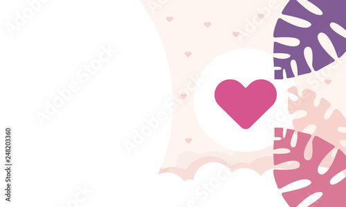 Happy Valentines Day. Holiday of love. Cute illustration with hearts and beautiful tropical leaves. Free space. Traditional time for romantic dates, shopping on sales. Postcard, poster, banner