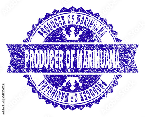 PRODUCER OF MARIHUANA rosette stamp seal imprint with grunge texture. Designed with round rosette, ribbon and small crowns. Blue vector rubber print of PRODUCER OF MARIHUANA title with dust texture.