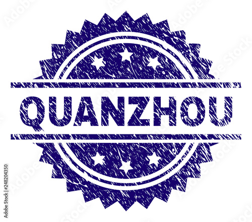 QUANZHOU stamp seal watermark with distress style. Blue vector rubber print of QUANZHOU label with unclean texture.