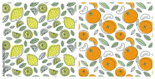 Seamless pattern set. Juicy fruit. Lemon, mandarin, tangerine. Hand drawn color vector sketch background. Colorful doodle wallpaper. Summer print