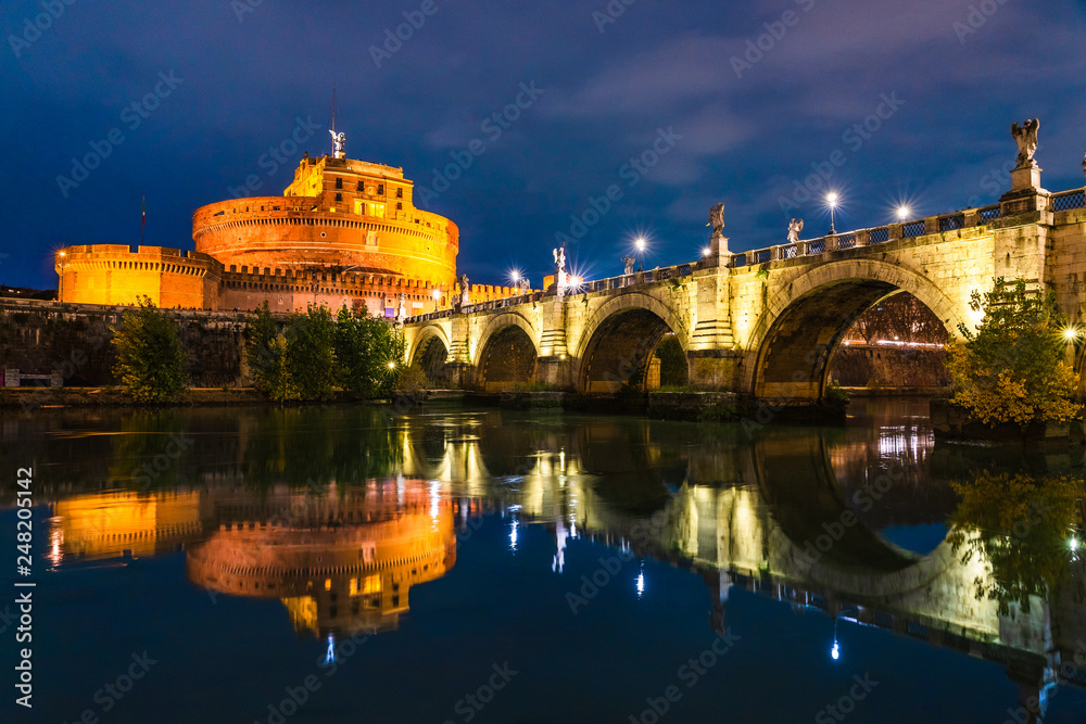 Night view of Castel Sant'Angelo in Rome, Italy