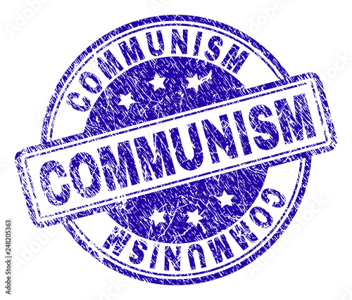 COMMUNISM stamp seal watermark with distress texture. Designed with rounded rectangles and circles. Blue vector rubber print of COMMUNISM text with unclean texture.