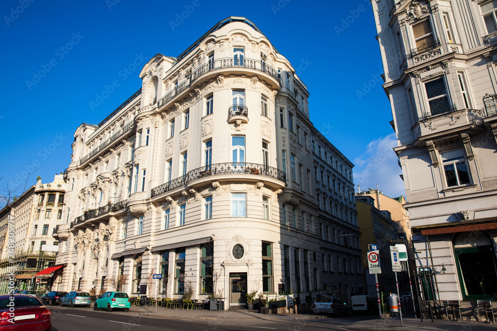 Beautiful  architecture of the antique buildings at Linke Wienzeile in Vienna city center