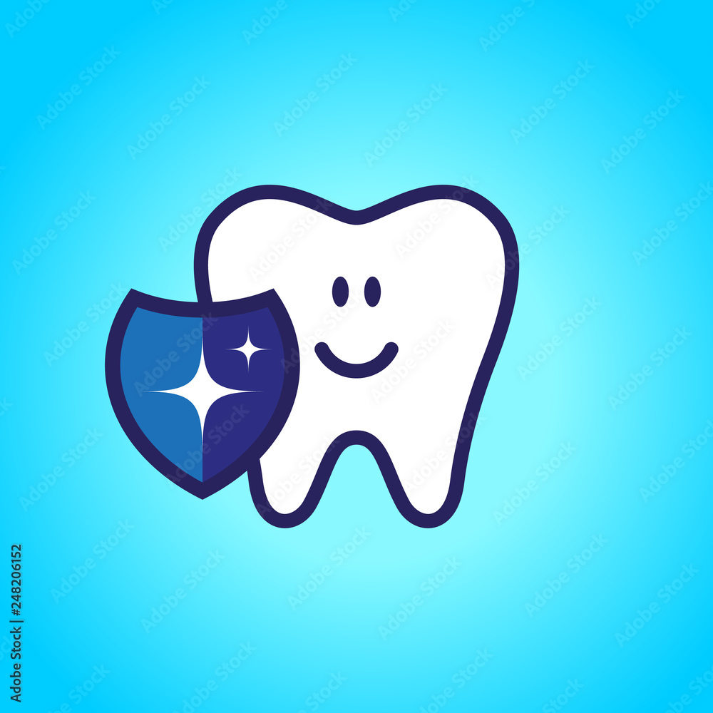 Protected tooth, healthy, white, happy tooth, dentistry, oral hygiene. Shield with a shiny symbol. vector illustration Protected tooth, healthy, white, happy tooth, dentistry, oral hygiene. Shield with a shiny symbol. vector illustration
