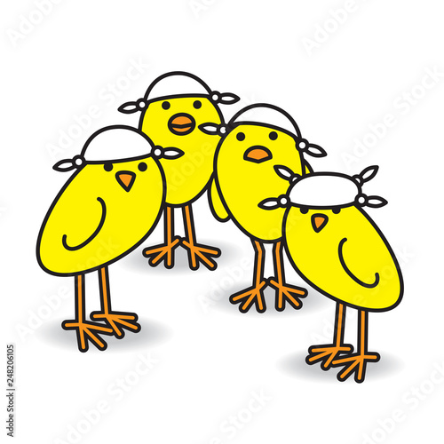 .Four Yellow Chicks wearing Handkerchiefs on Heads.