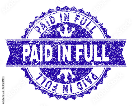 PAID IN FULL rosette stamp seal watermark with grunge texture. Designed with round rosette, ribbon and small crowns. Blue vector rubber watermark of PAID IN FULL text with retro texture.