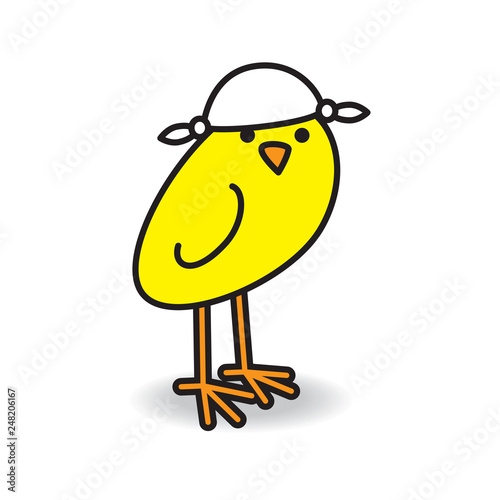.Single Yellow Chick wearing Handkerchief turns to camera.
