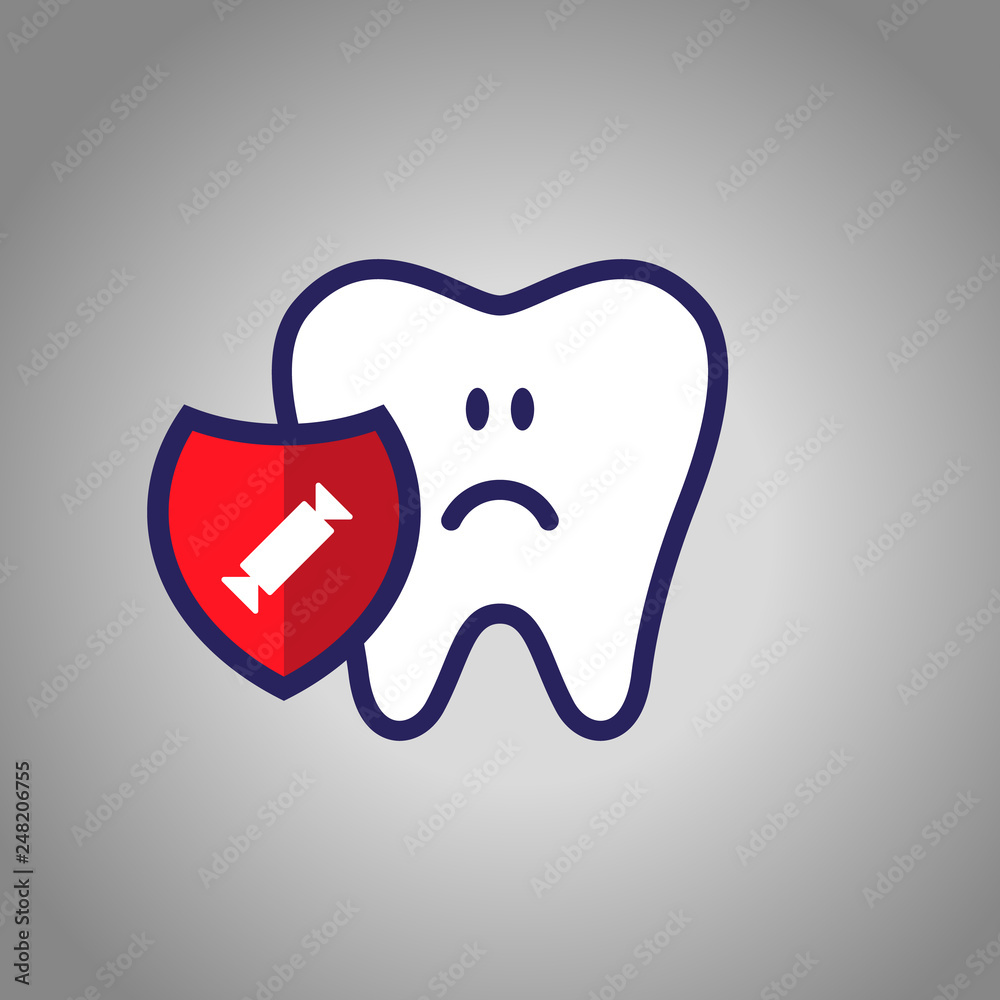 sad tooth, dentistry, oral hygiene. red shield with a candy cane symbol. The concept of harm sweet. vector illustration sad tooth, dentistry, oral hygiene. red shield with a candy cane symbol. The concept of harm sweet. vector illustration