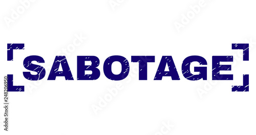SABOTAGE text seal stamp with corroded effect. Text label is placed between corners. Blue vector rubber print of SABOTAGE with corroded texture.