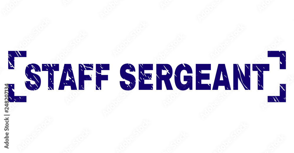 STAFF SERGEANT caption seal watermark with distress texture. Text caption is placed between corners. Blue vector rubber print of STAFF SERGEANT with retro texture.
