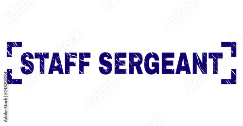 STAFF SERGEANT caption seal watermark with distress texture. Text caption is placed between corners. Blue vector rubber print of STAFF SERGEANT with retro texture.