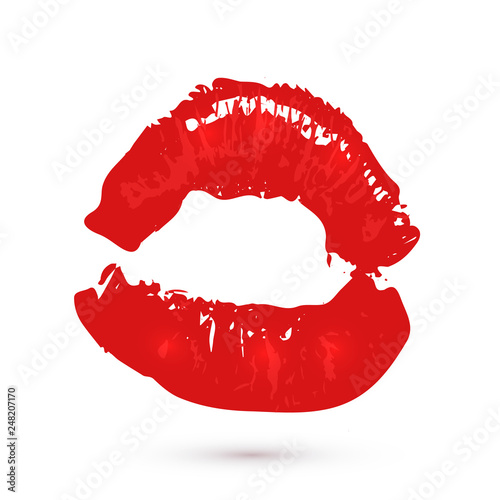 Red lipstick kiss on white background. Imprint of the lips. Kiss mark vector illustration. Valentines day theme print. Easy to edit template for greeting card, poster, banner, flyer, label, etc.