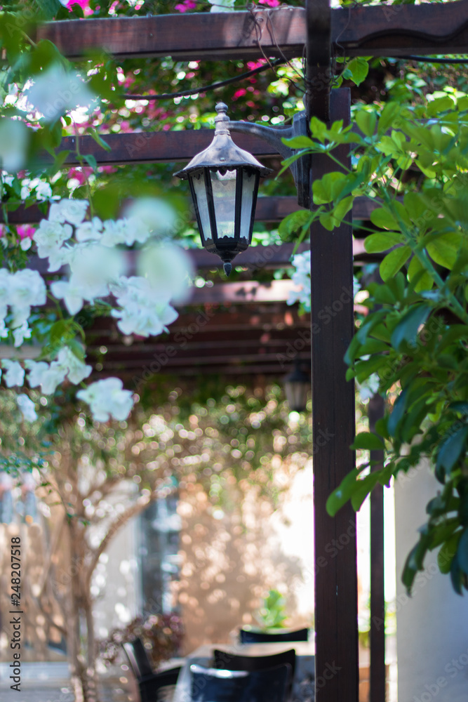 Stylish street lamp in retro style in outdoor cafe on the background of blooming bushes and green leaves, Spring atmosphere, spring mood, Vertical