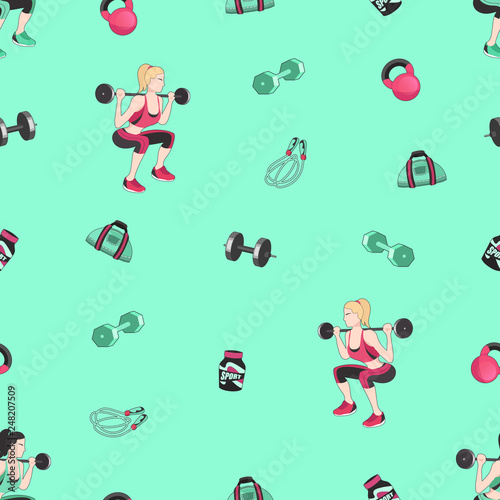 Seamless pattern with sport elements and woman fitness. Vector illustration