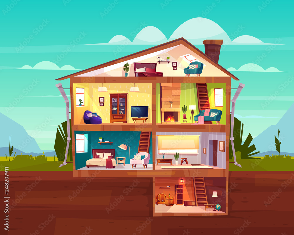 Two storey cottage house cross section interior cartoon vector ...