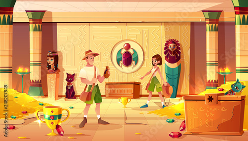Exited man and woman archeologists or treasure hunters discovering and exploring egypt pharaoh lost tomb or treasury full of gold coins, precious gems and ancient artifacts cartoon vector illustration